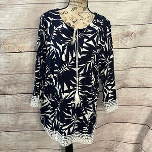 Talbots Tropical Top Lace Trim Navy Blue Size 2X